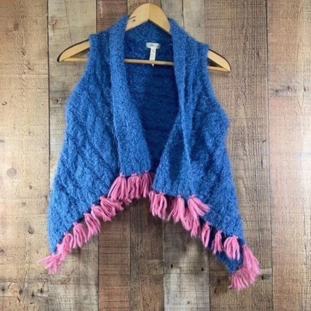 Matilda Jane Blue Knit Mirror Image Cardigan Vest Girls 10‎ Pink Fringe Fuzzy